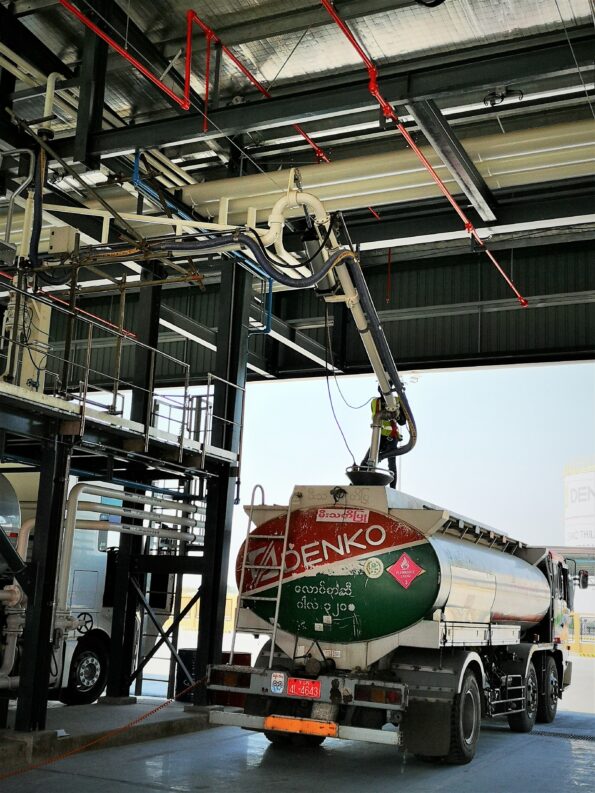 Gasso B 32 loading arm connected to truck Denko Myanmar